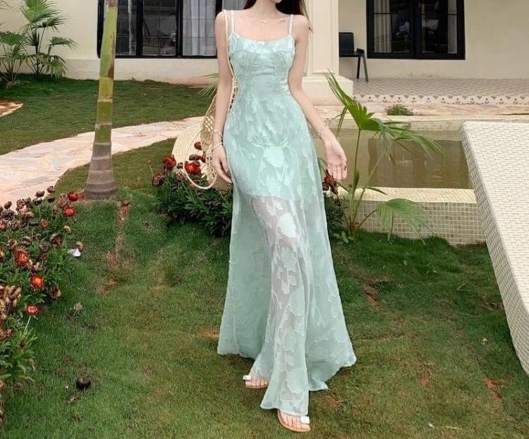 Spaghetti Strap Scoop Neck Floral Sheer Panel Maxi A-Line Dress Product Image
