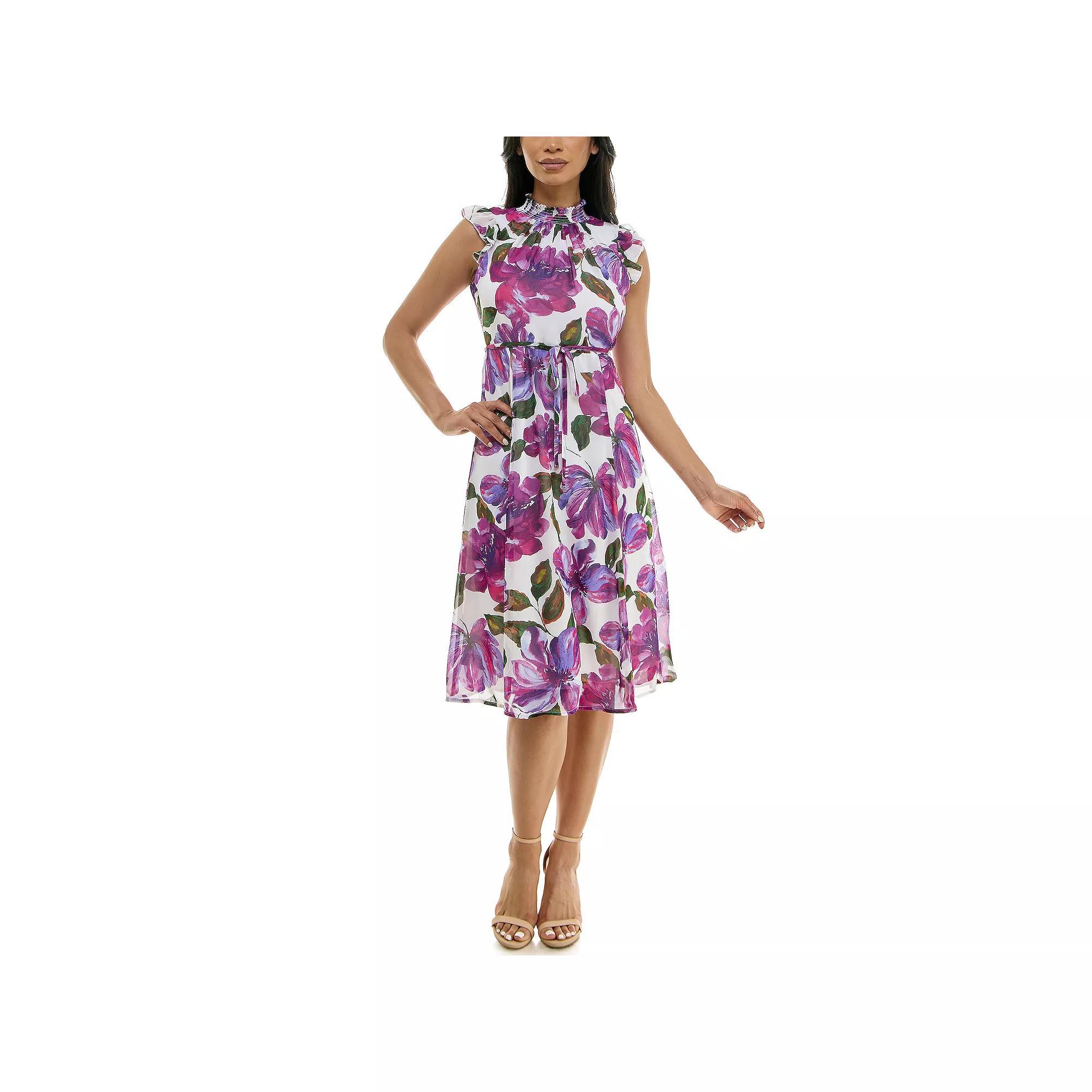 Womens Nina Leonard Smocked Flutter Sleeve Print Dress Product Image