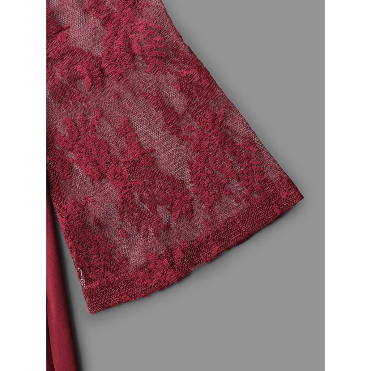 Plus Size Crochet Lace Mesh Bell Sleeve Dress Scarlet Women Elegant Woven ribbon&lace trim Heart neckline Long Sleeve Curvy BloomChic 28/5X Product Image