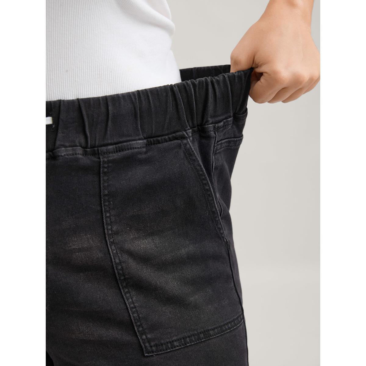 Plus Size Drawstring Elastic Waist Roll Hem Jeans Women Black Casual Plain Drawstring High stretch Slanted pocket Jeans BloomChic 20/2X Product Image
