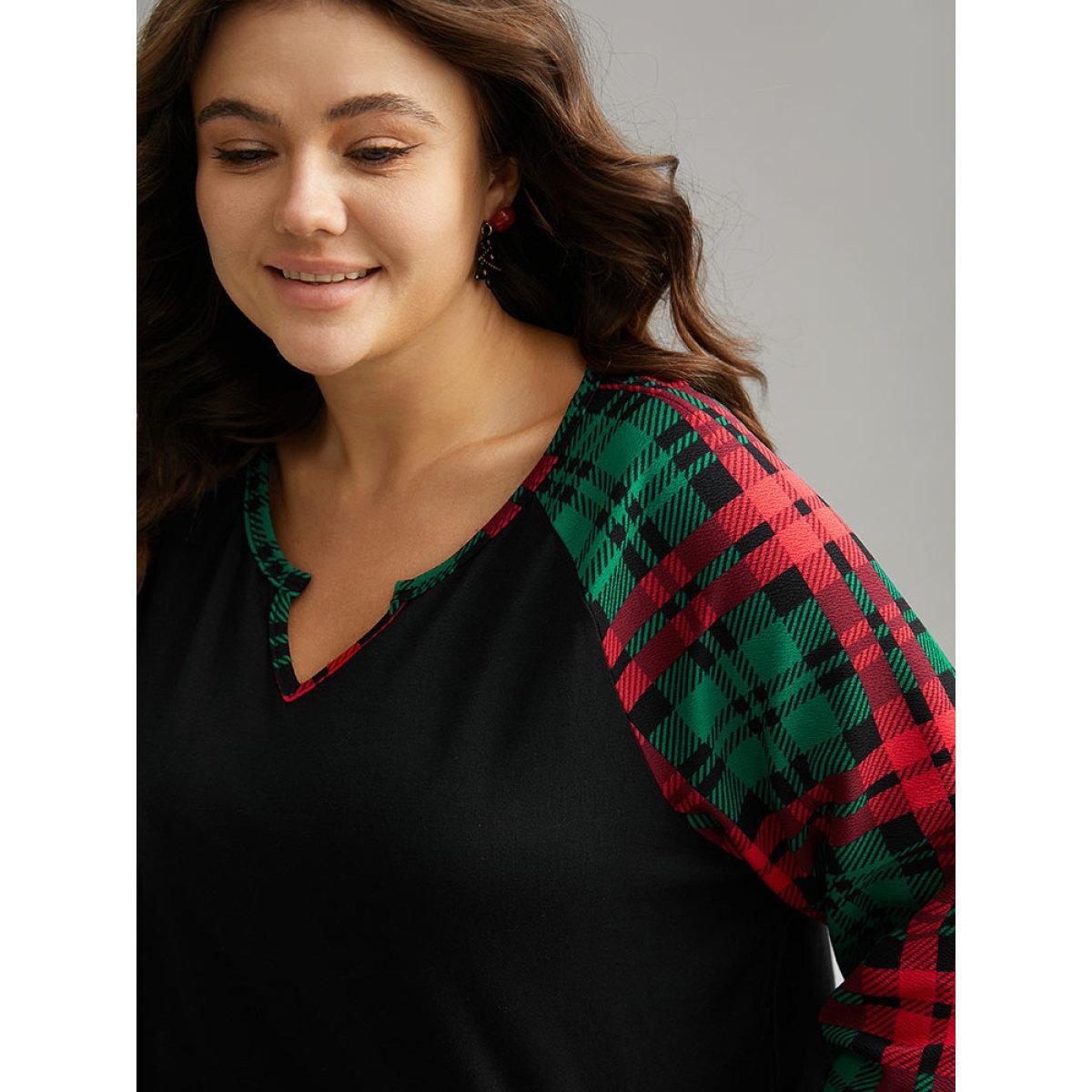 Plus Size Plaid Contrast Notched Raglan Sleeve T-shirt Black Women Casual Contrast Plaid Notched collar Festival-Christmas T-shirts BloomChic 26/4X Product Image