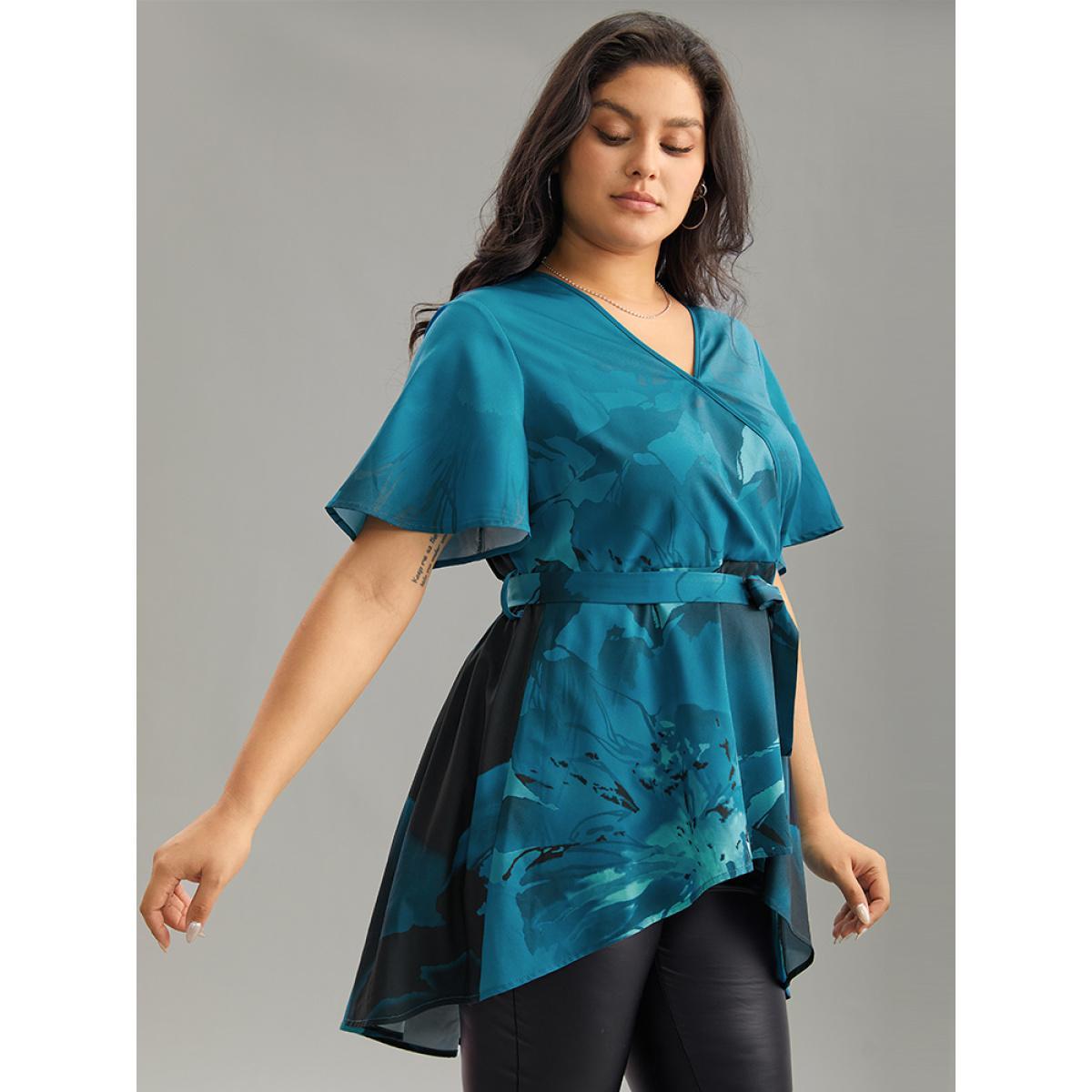 Plus Size Aegean Boho Print Wrap Ruffle Sleeve Blouse Women Elegant Short sleeve V-neck Dailywear Blouses BloomChic 18-20/2X Product Image