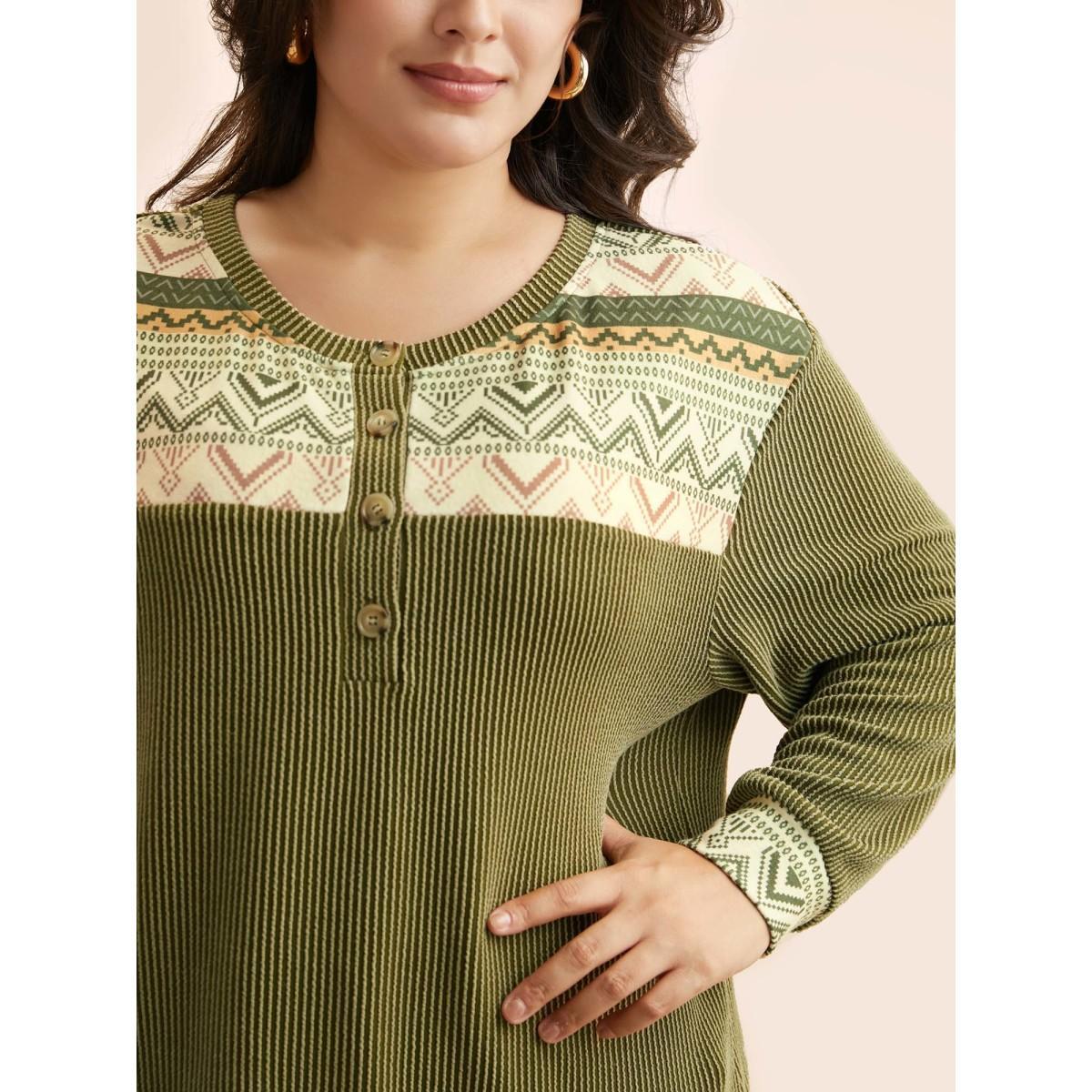 Plus Size Bandana Patchwork Button Up T-shirt ArmyGreen Women Casual Texture Round Neck Everyday T-shirts BloomChic 28/5X Product Image