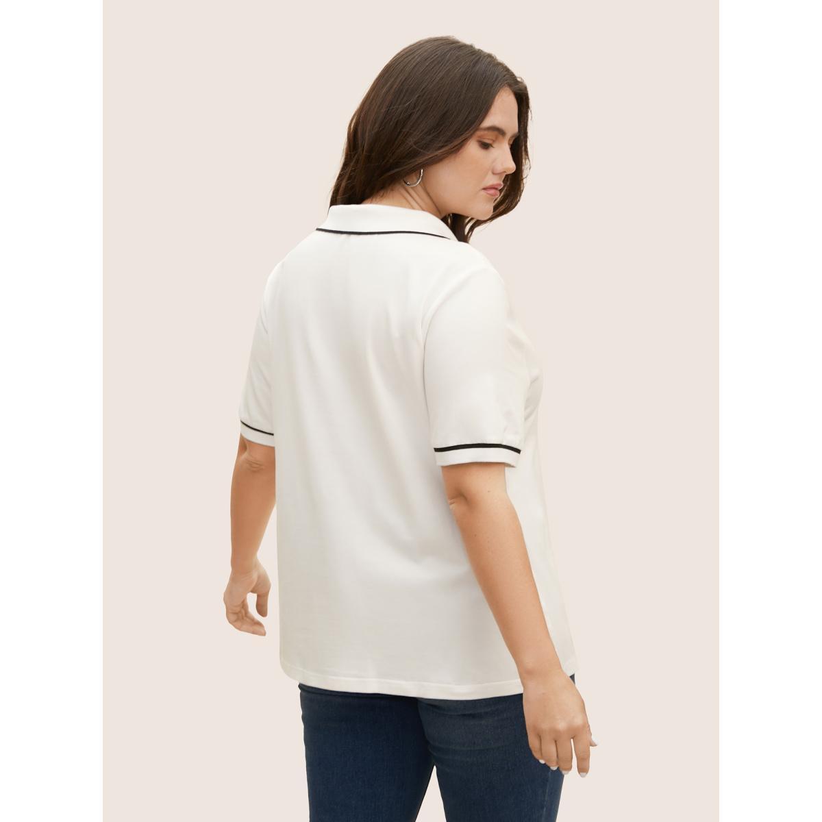 Plus Size Polo Neck Contrast Trim Short Sleeve T-shirt Originalwhite Women Casual Contrast Flat collar with V-notch Everyday T-shirts BloomChic 10/M Product Image