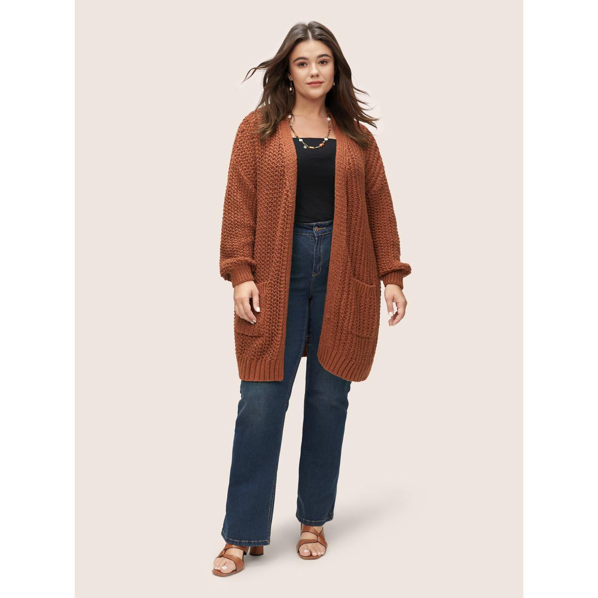 Plus Size Plain Dual Pocket Open Front Cardigan Chocolate Women Casual Loose Long Sleeve Dailywear Cardigans BloomChic 26/4X Product Image