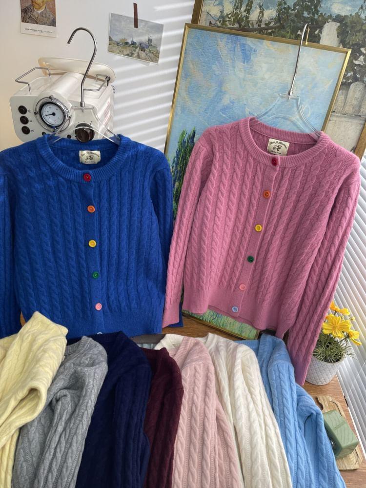 Crew Neck Plain Cable Knit Button-Up Cardigan Product Image