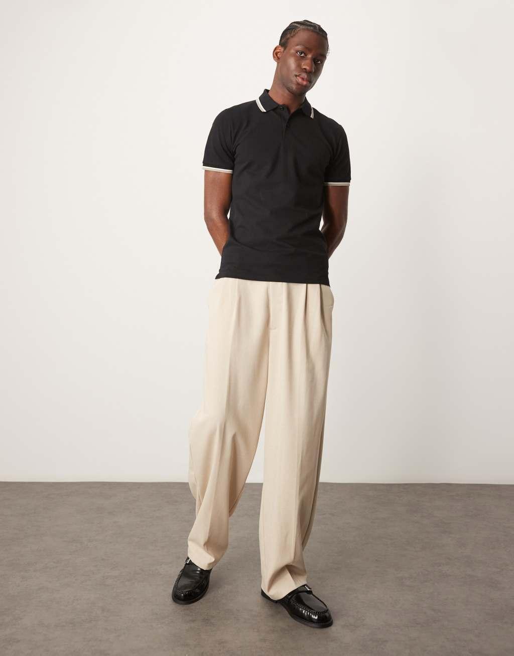 Selected Homme tipped polo shirt in black Product Image