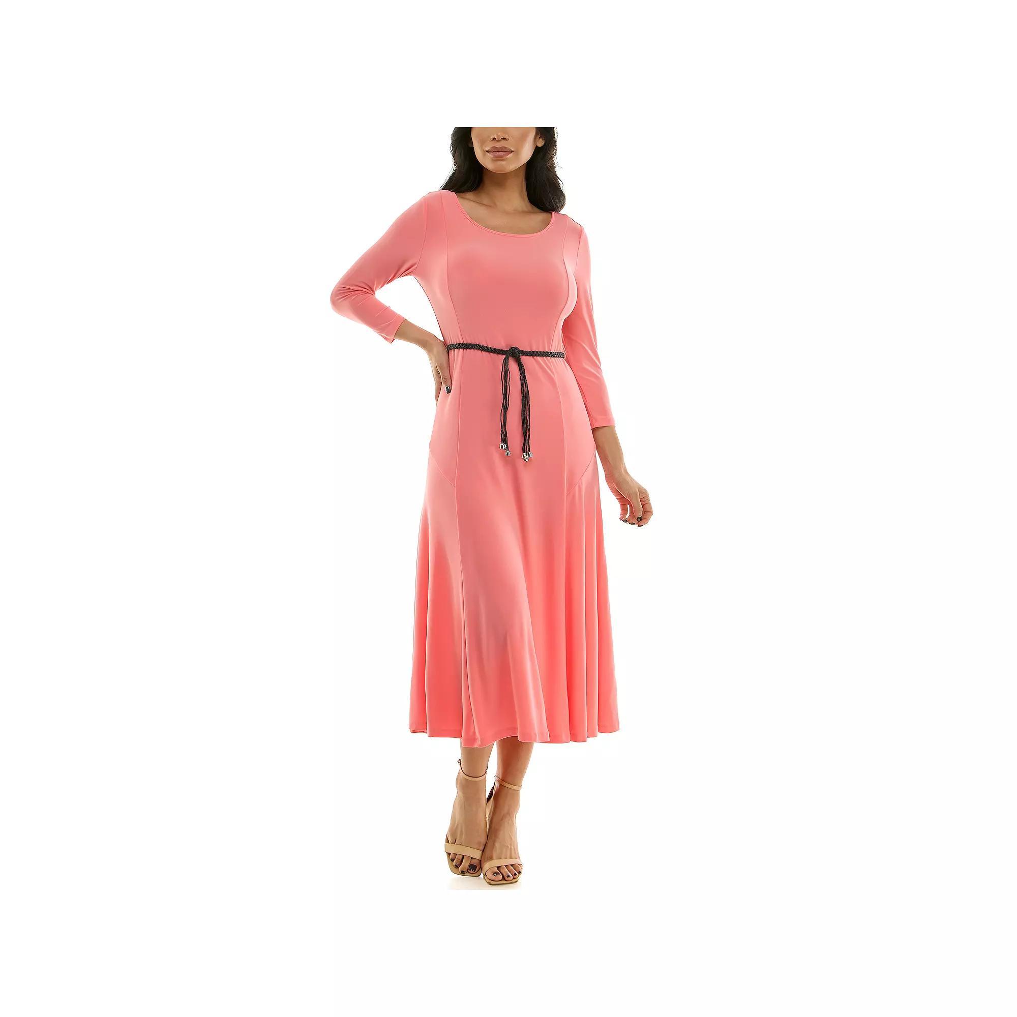 Women's Nina Leonard Sylvia Three-Quarter Sleeve Belted Midi Dress, Size: XL, Pink Crush Product Image