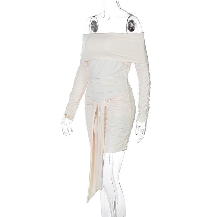 Long-Sleeve Off-Shoulder Plain Ruched Tie Waist Mini Bodycon Dress Product Image
