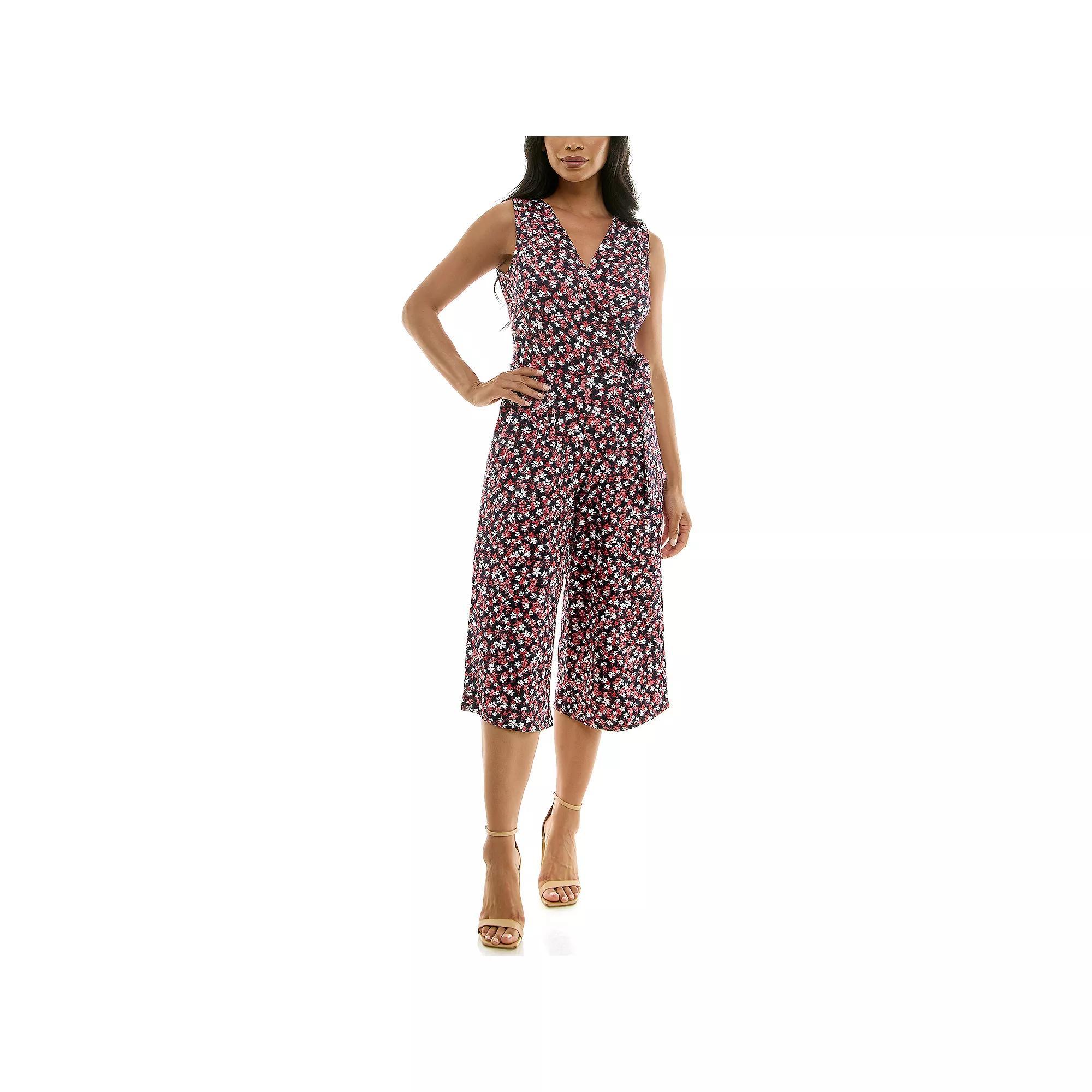 Women's Nina Leonard Print Surplice Wide-Leg Jumpsuit, Size: Medium, Blue Red Team Product Image