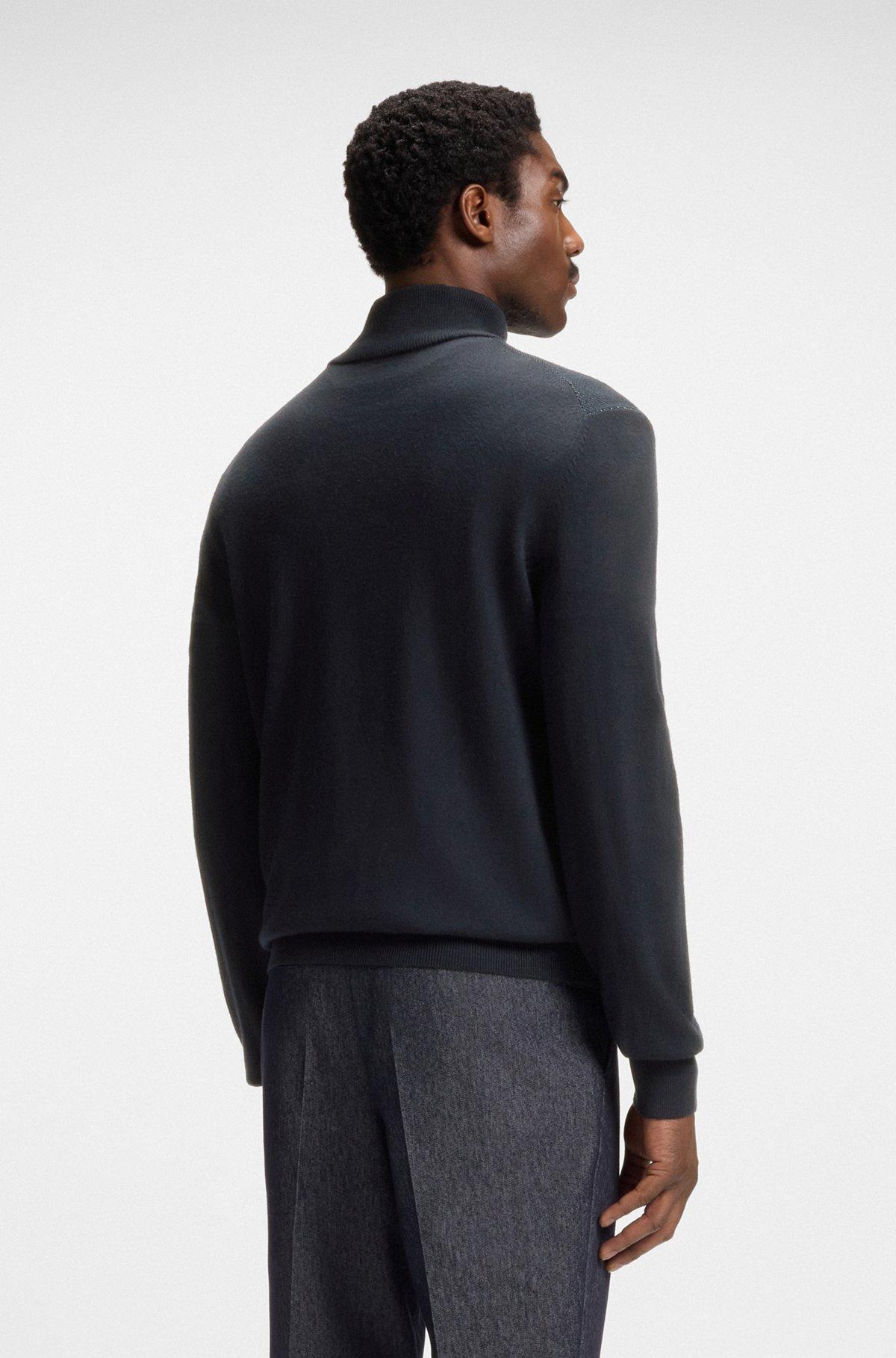 BOSS - Zip-neck sweater with structured wool-cotton front - Dark Blue Product Image
