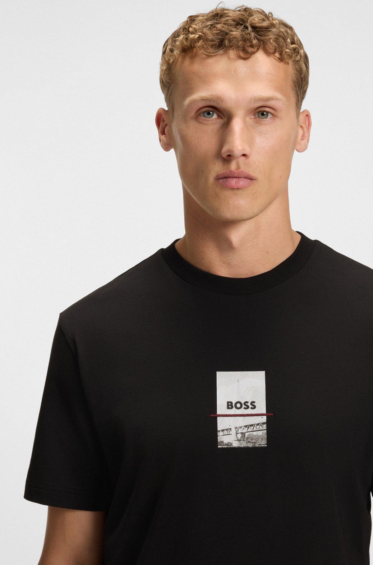 BOSS - Relaxed-fit T-shirt in stretch cotton with photo print - Black Product Image