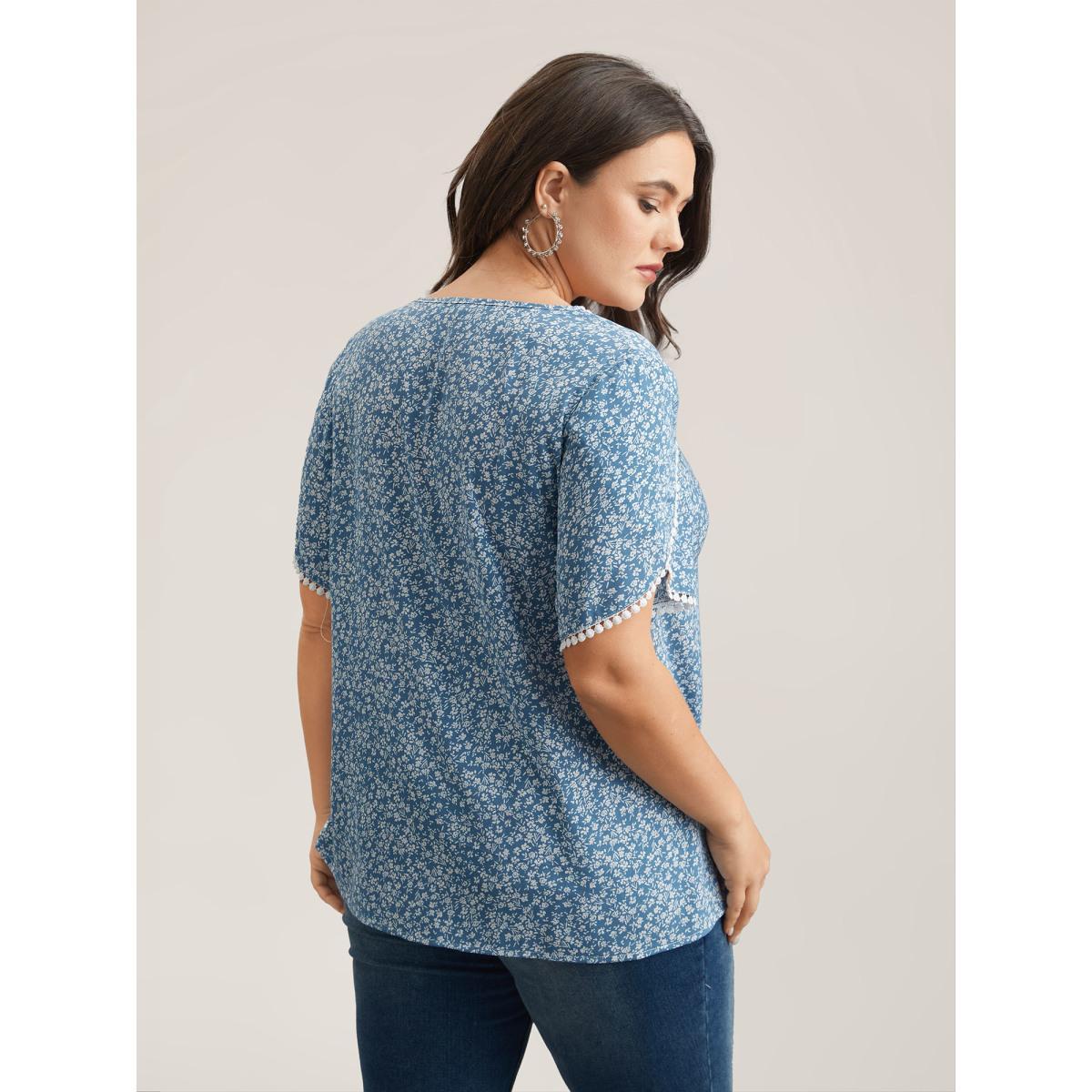 Plus Size Stone Petal Sleeve Floral Lace Spliced Shirt Women Elegant Short sleeve V-neck Everyday Blouses BloomChic 12/L Product Image