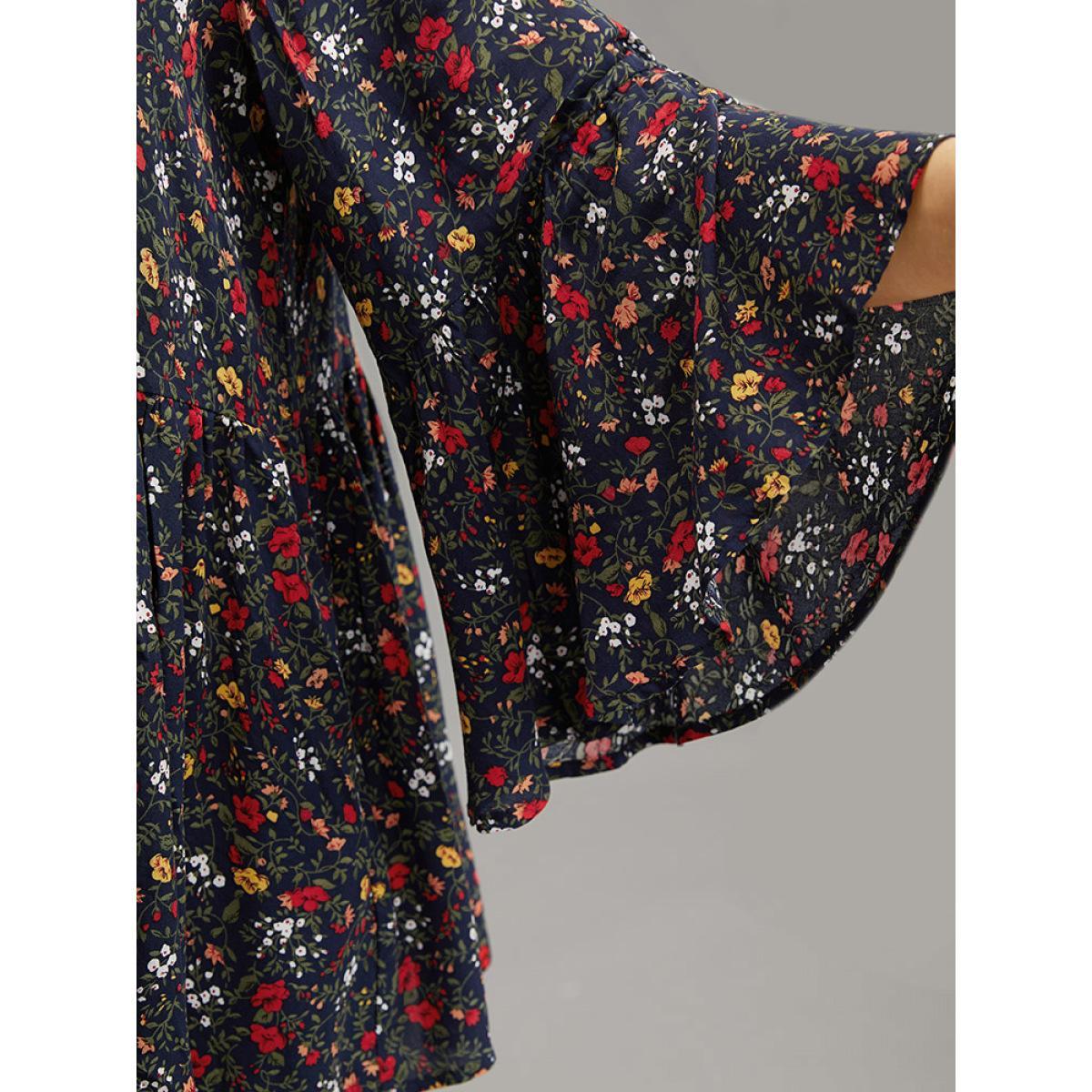 Plus Size Indigo Floral Tie Neck Frill Trim Bell Sleeve Blouse Women Elegant Long Sleeve Tie Neck Dailywear Blouses BloomChic 10/M Product Image