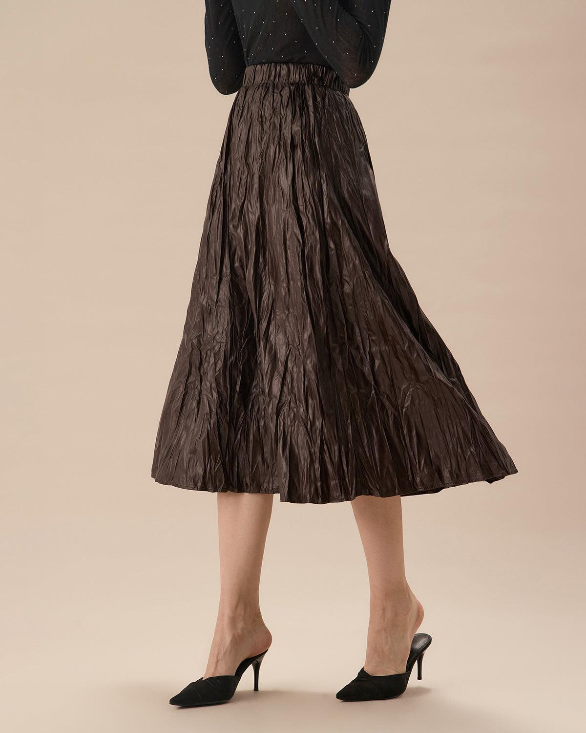 Coffee Elastic Waist Ruched Midi Skirt Product Image