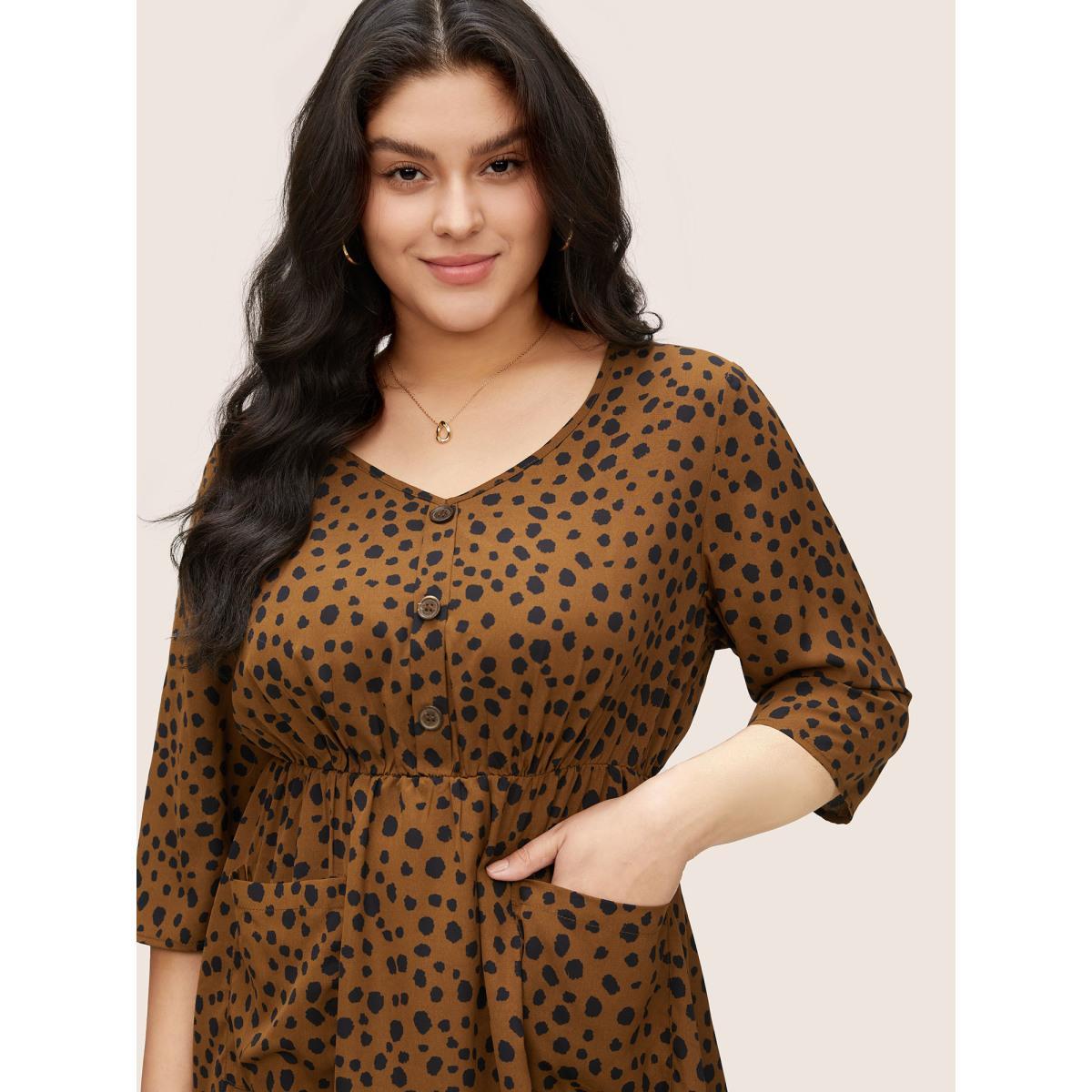 Plus Size Leopard Elastic Waist Pocket Button Detail Dress Chocolate Women Work From Home Non V-neck Elbow-length sleeve Curvy Midi Dress BloomChic 10/M Product Image