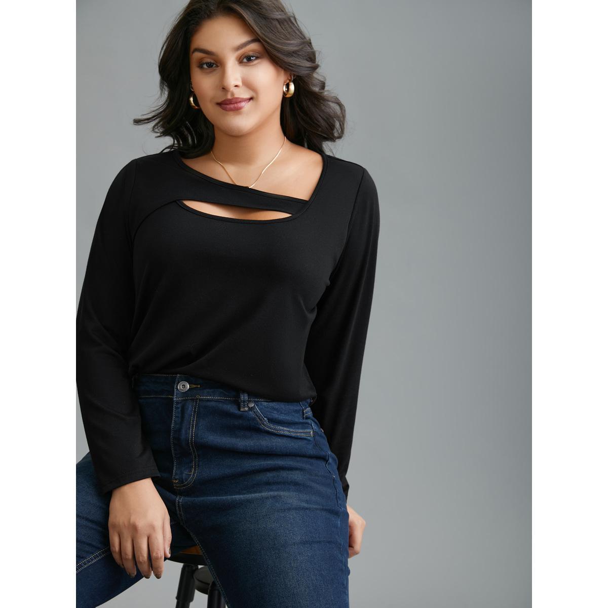 Plus Size Asymmetrical Neckline Long Sleeve T-shirt Black Women Casual Cut-Out Asymmetrical Neck Everyday T-shirts BloomChic 10/M Product Image