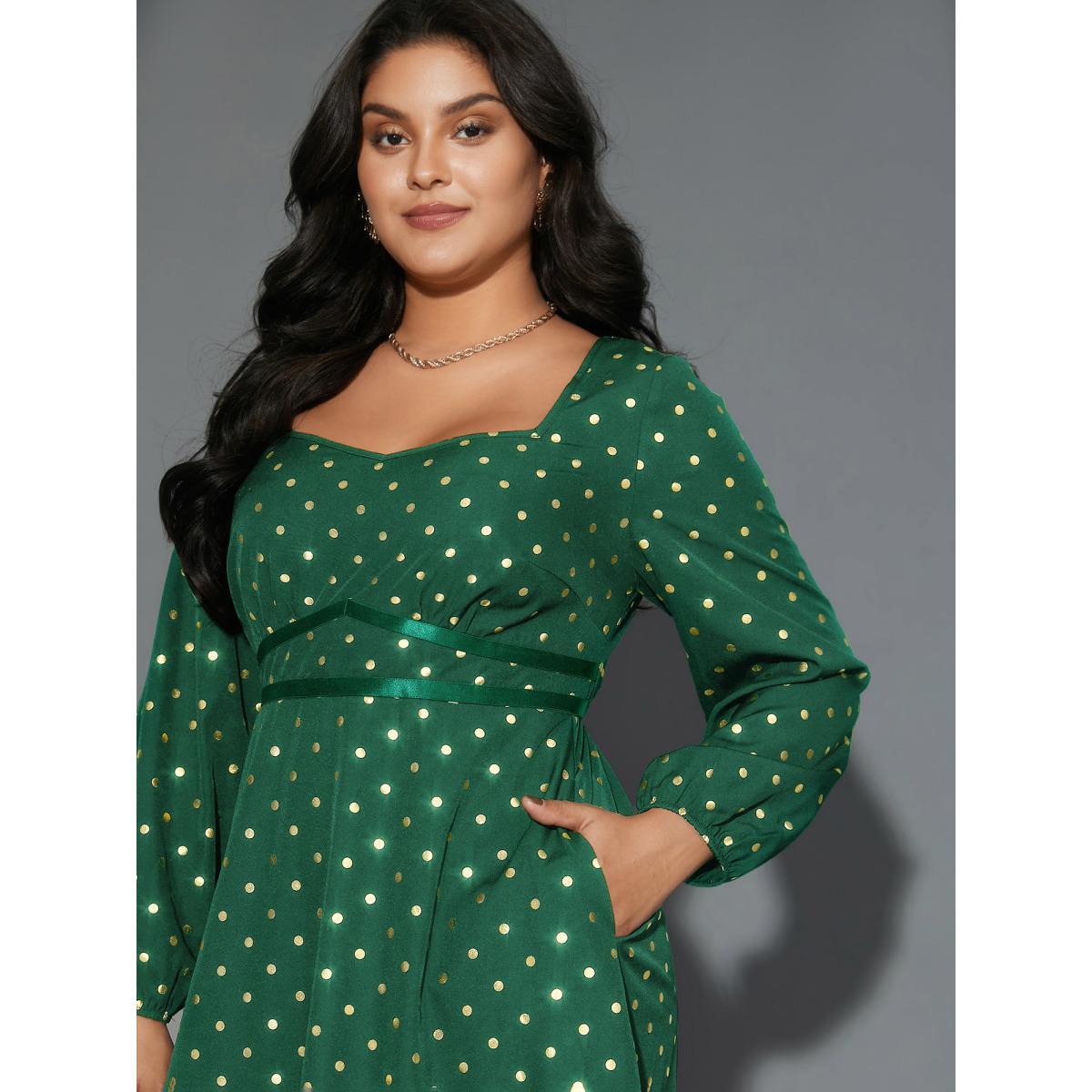 Plus Size Glitter Polka Dot Heart Neckline Dress Emerald Women Cocktail Woven ribbon&lace trim Party Curvy Bloomchic 18-20/2X Product Image