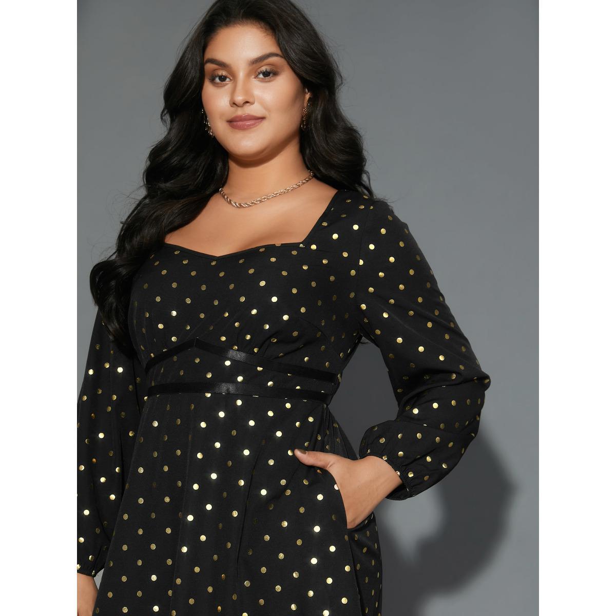 Plus Size Glitter Polka Dot Heart Neckline Dress Black Women Cocktail Woven ribbon&lace trim Party Curvy Bloomchic 18-20/2X Product Image