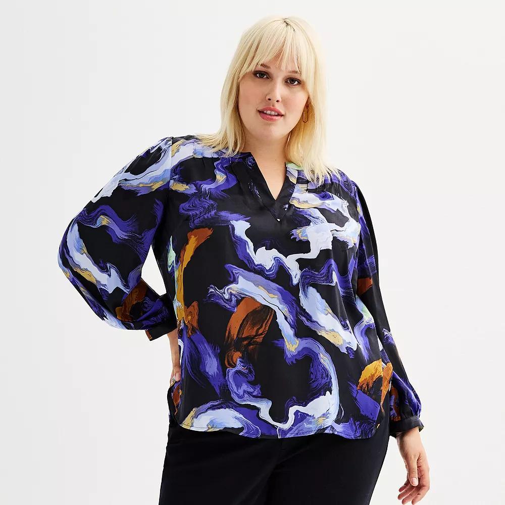 Plus Size Nine West Y-Neck Pintuck Satin Blouse, Women's, Size: 5XL, Blue Team Marble Product Image
