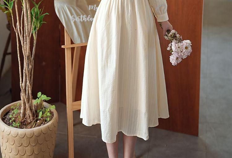Long-Sleeve Stand Collar Embroidered Maxi A-Line Dress Product Image
