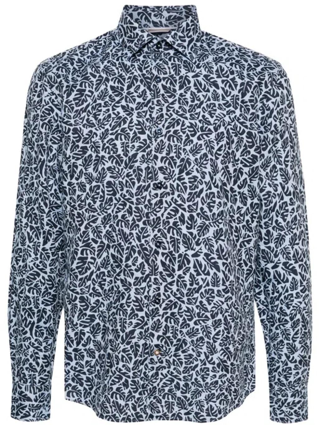 HUGO BOSS Palm-print Linen-blend Shirt In Blue Product Image