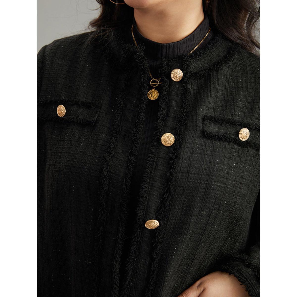 Plus Size Fuzzy Trim Pocket Metal Button Fly Jacket Women Black Casual Plain Ladies Everyday Winter Coats BloomChic 28/5X Product Image