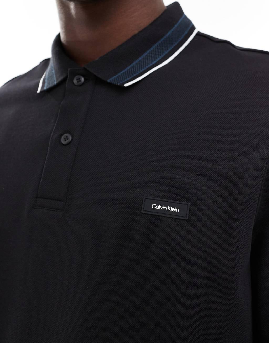 Calvin Klein stretch pique tipped long sleeve polo in black Product Image