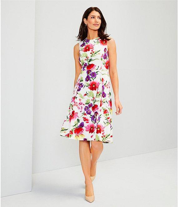 Investments Scuba Crepe Multi Floral Sleeveless Fit and Flare Dress Product Image