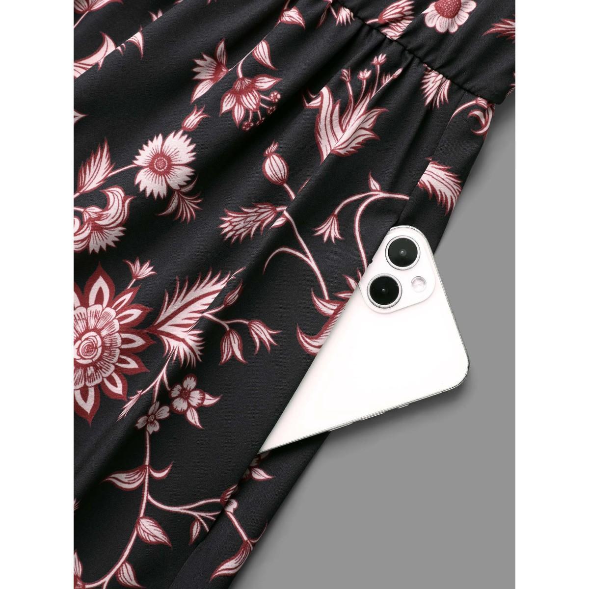 Plus Size Floral Elastic Waist V-Neck Midi Dress BlackFlower Women Resort Non V-neck Long Sleeve Curvy BloomChic 18-20/2X Product Image