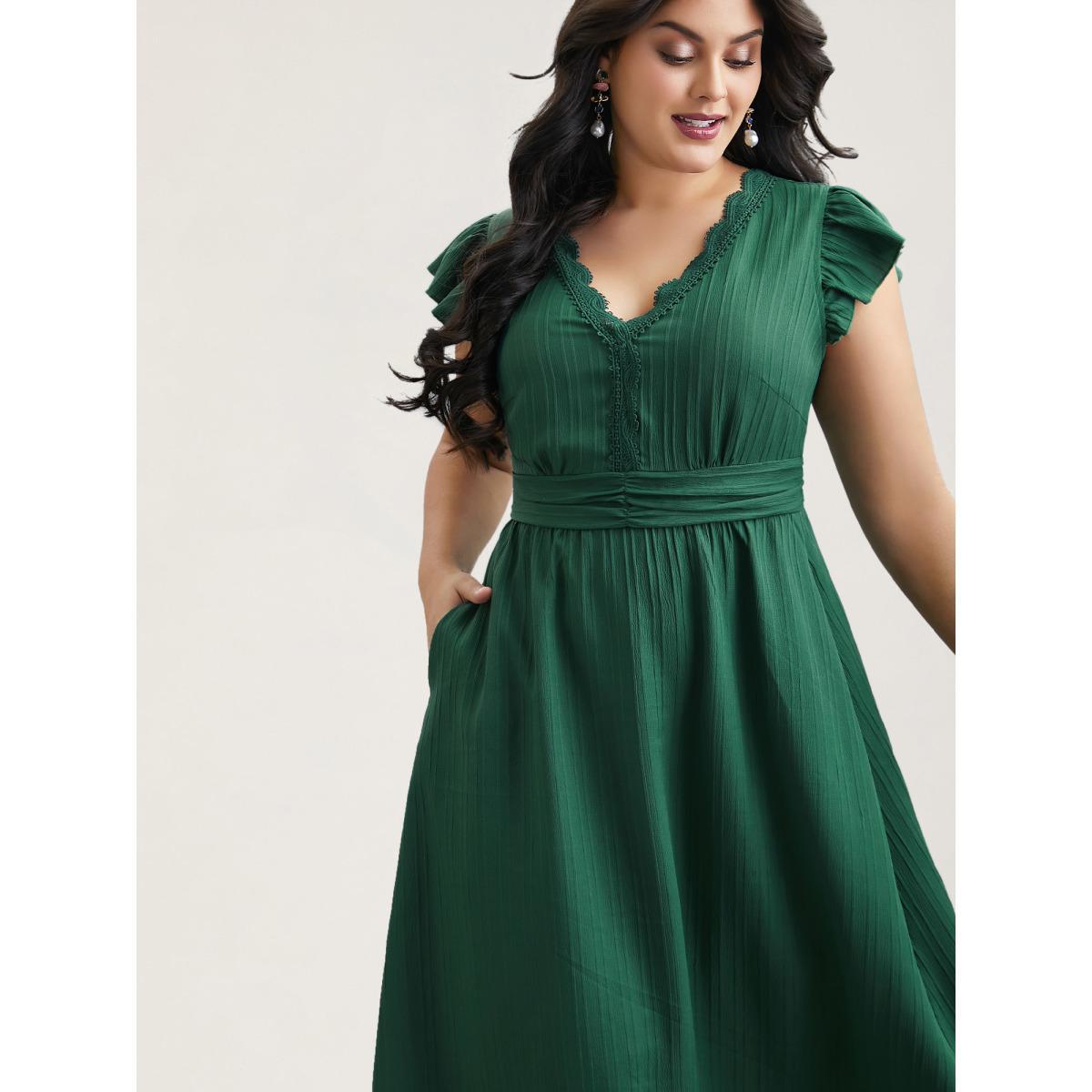 Plus Size Lace Trim Stitch Textured Waist-Defined Midi Dress Emerald Women Elegant Woven ribbon&lace trim V-neck Cap Sleeve Curvy BloomChic 12/L Product Image