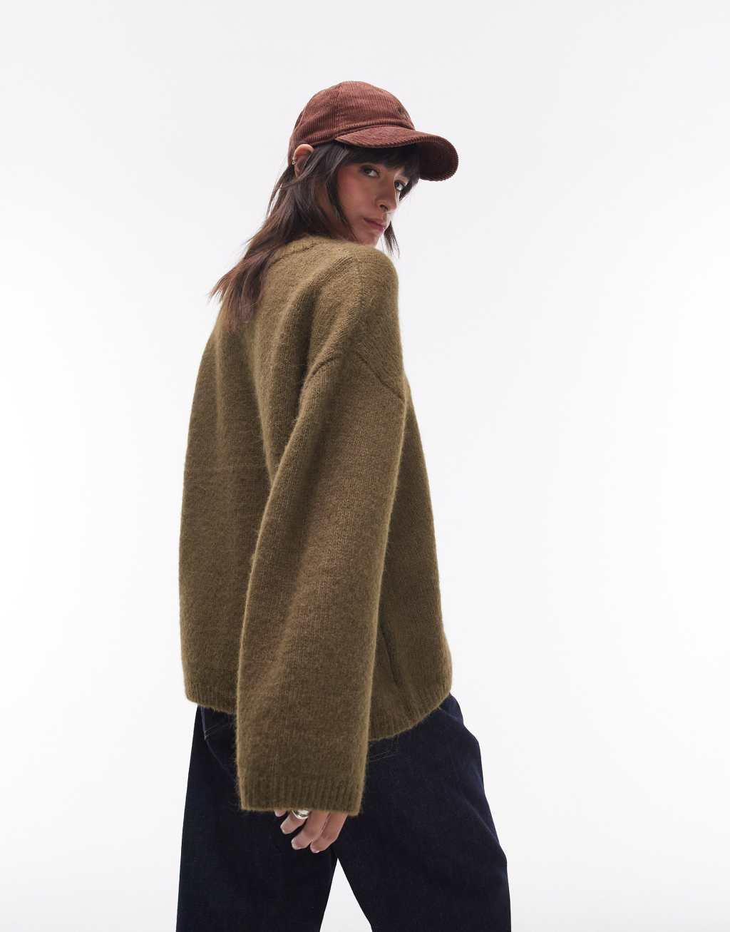 Topshop knit boxy fluffy crew neck oversized sweater in khaki Product Image