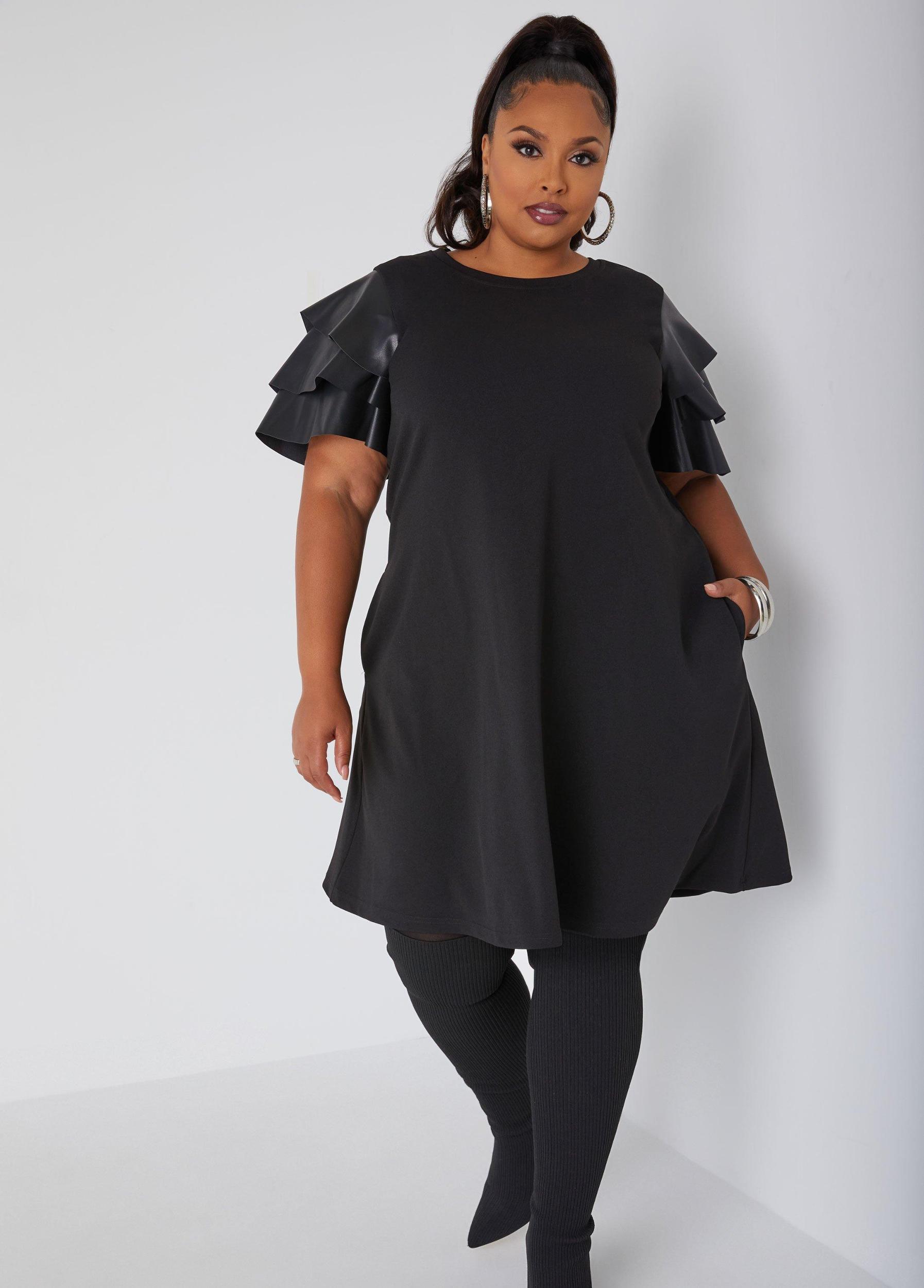 Plus Size Ruffled Faux Leather Paneled Dress Ashley Stewart Product Image