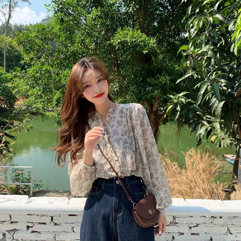 Long-Sleeve Chiffon Floral Print Blouse Product Image