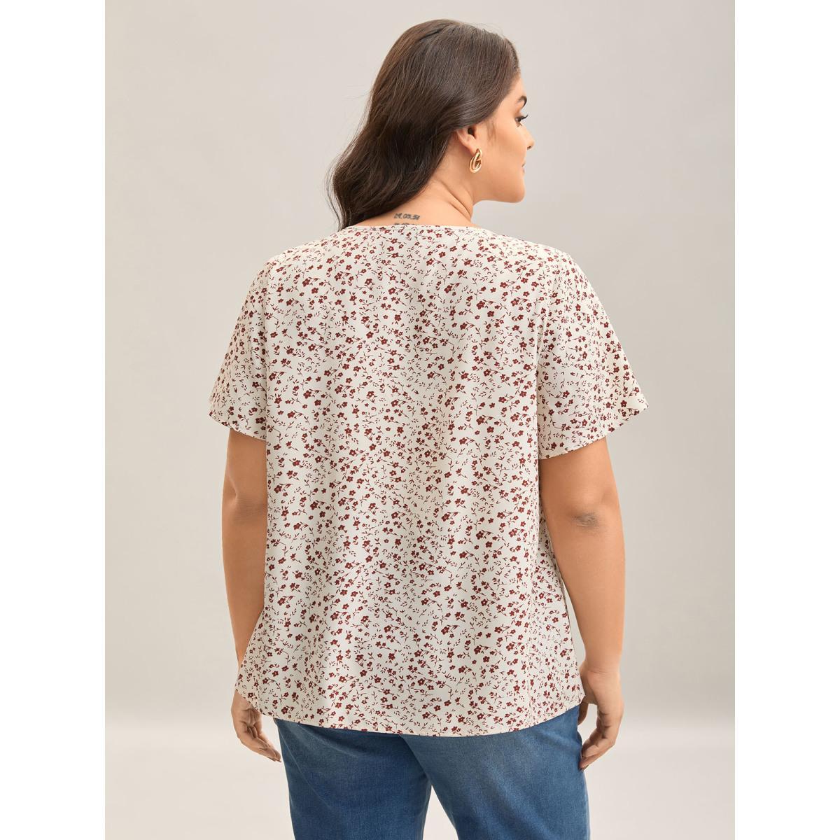 Plus Size Beige Ditsy Floral Print Lotus Leaf Sleeve Shirt Women Elegant Short sleeve Round Neck Everyday Blouses BloomChic 30/6X Product Image