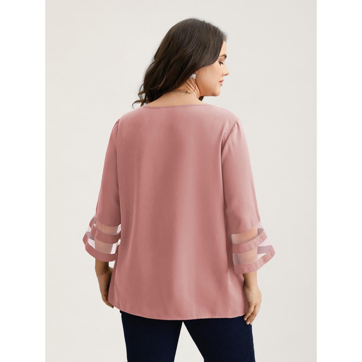 Plus Size Beanpastepowder Sheer Sleeve Patchwork Asymmetrical Neckline Blouse Women At the Office Elbow-length sleeve Asymmetrical Neck Work Blouses BloomChic 30/6X Product Image