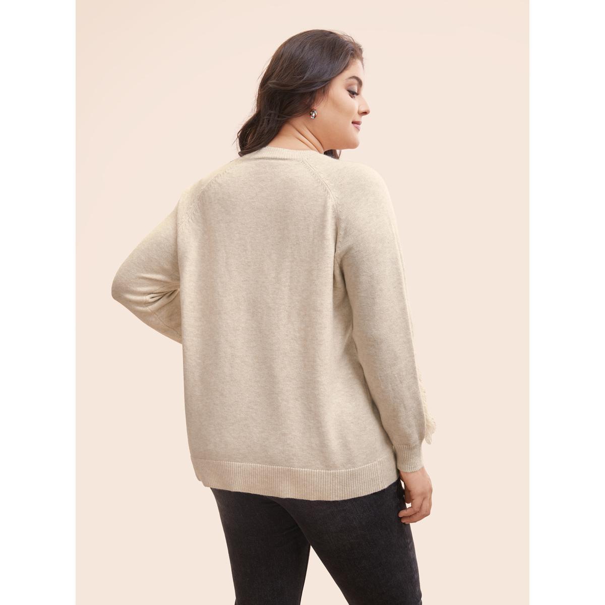 Plus Size V Neck Raglan Sleeve Fuzzy Trim Pullover Apricot Women Casual Long Sleeve V-neck Everyday Pullovers BloomChic 28/5X Product Image