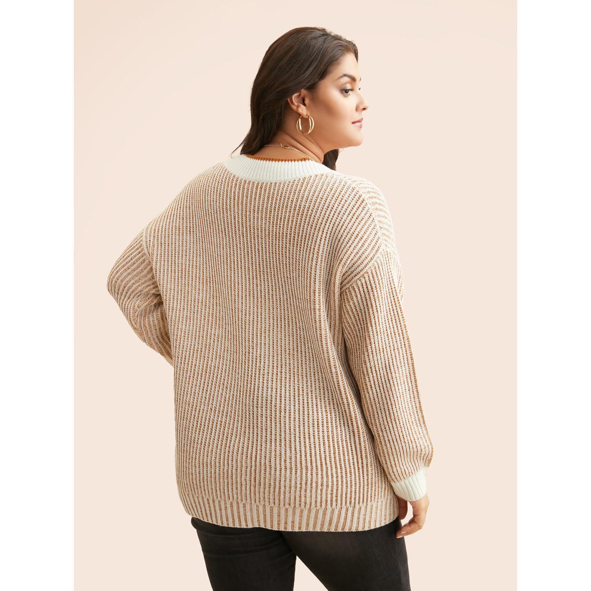 Plus Size Contrast Texture Drop Shoulder Sleeve Pullover Turmeric Women Casual Loose Long Sleeve V-neck Everyday Pullovers BloomChic 14-16/1X Product Image