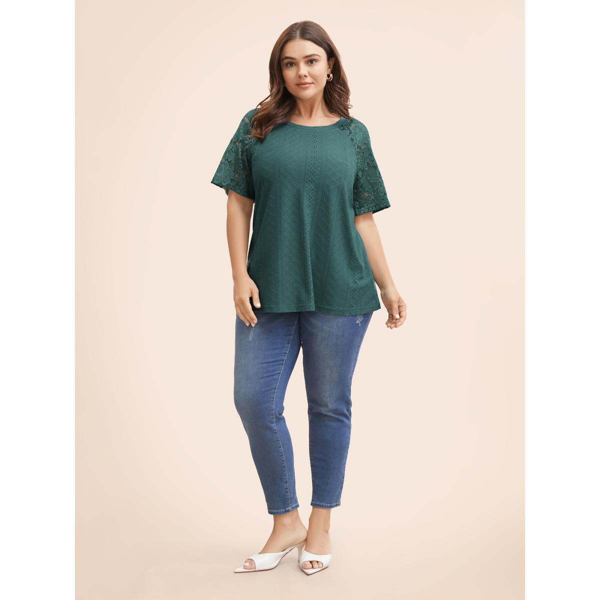 Plus Size Solid Broderie Anglaise Lace Raglan Sleeve T-shirt Cyan Women Elegant See through Plain Round Neck Everyday T-shirts BloomChic 14-16/1X Product Image