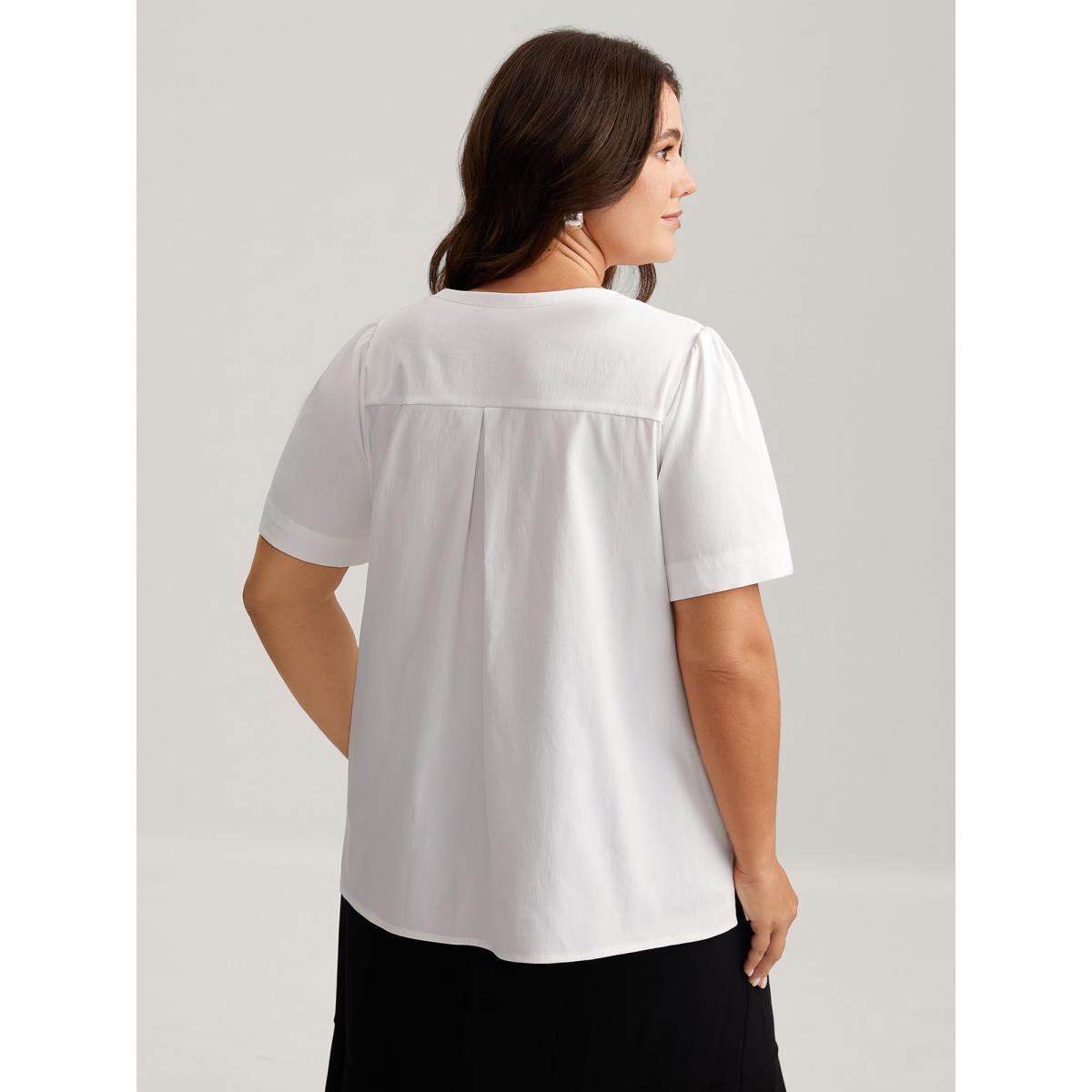 Plus Size Ivory Toothpick Pleats Notched Collar Solid Blouse Women Short sleeve Notched collar Work Blouses BloomChic 28/5X Product Image
