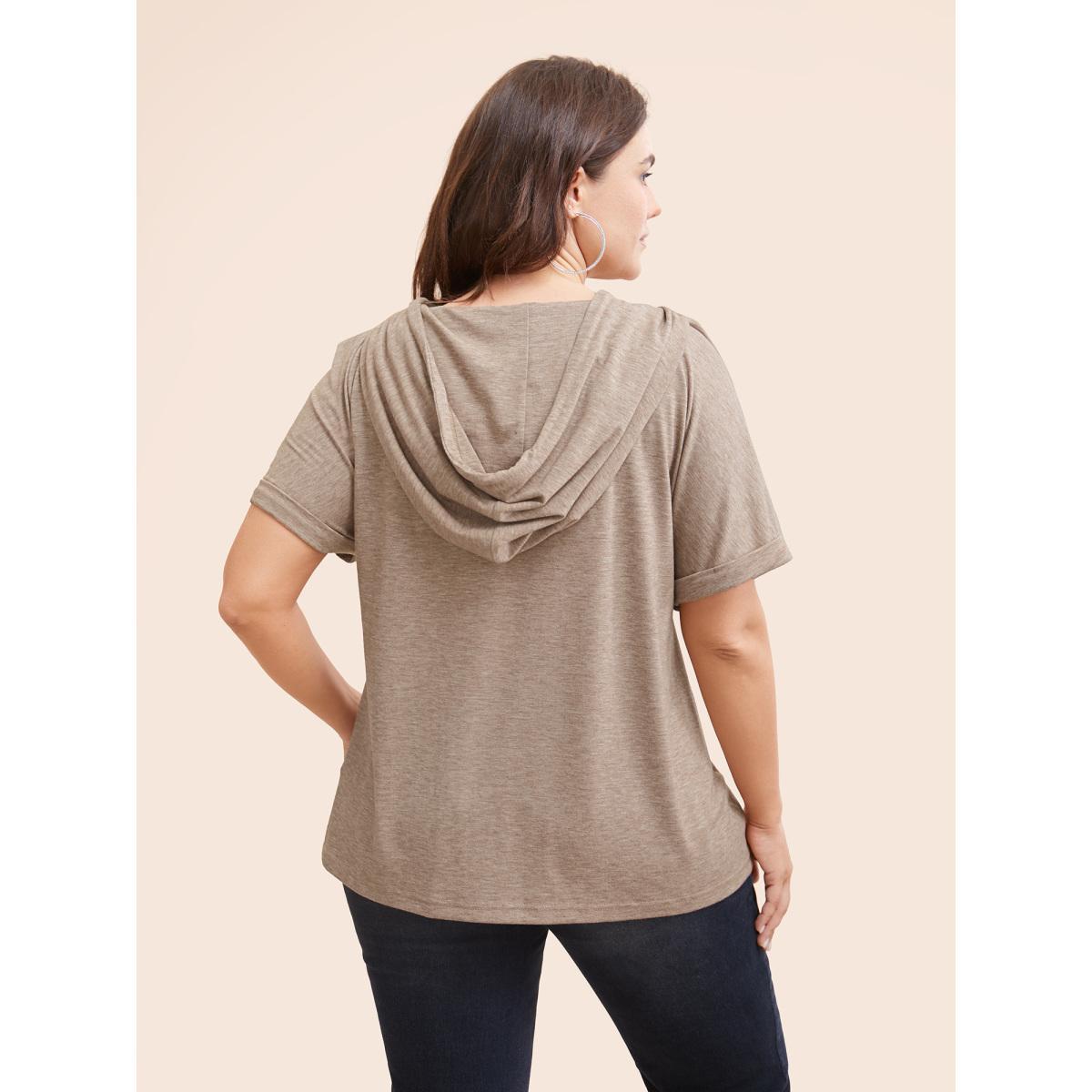 Plus Size Plain Drawstring Roll Sleeve Button Up Hooded T-shirt DarkBrown Women Casual Drawstring Plain Hooded Everyday T-shirts BloomChic 28/5X Product Image