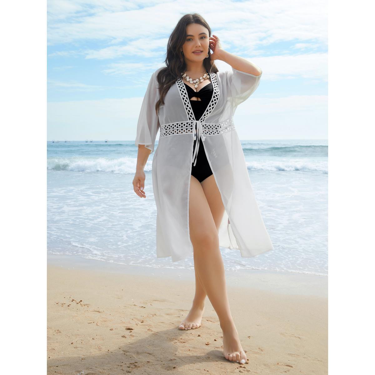 Plus Size Lace Patchwork Sheer Open-Front Kimono Women Originalwhite Elegant Woven ribbon&lace trim Everyday Kimonos BloomChic 10/M Product Image