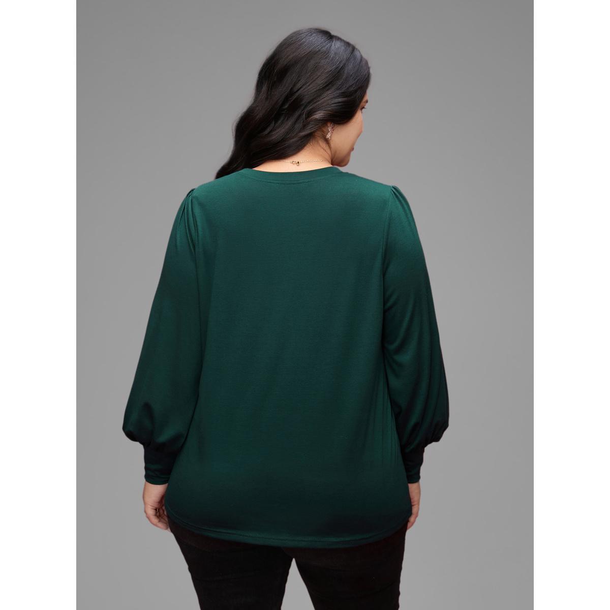 Plus Size Round Neck Balloon Sleeves A-line Tee DarkGreen Women Elegant Gathered Round Neck Everyday T-shirts BloomChic 12/L Product Image