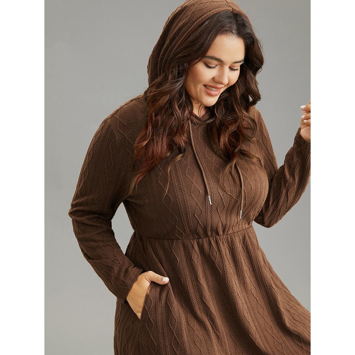 Plus Size Plain Texture Jacquard Hooded Cable Knit Dress Chocolate Women Casual Texture Hooded Long Sleeve Curvy Midi Dress BloomChic 28/5X Product Image