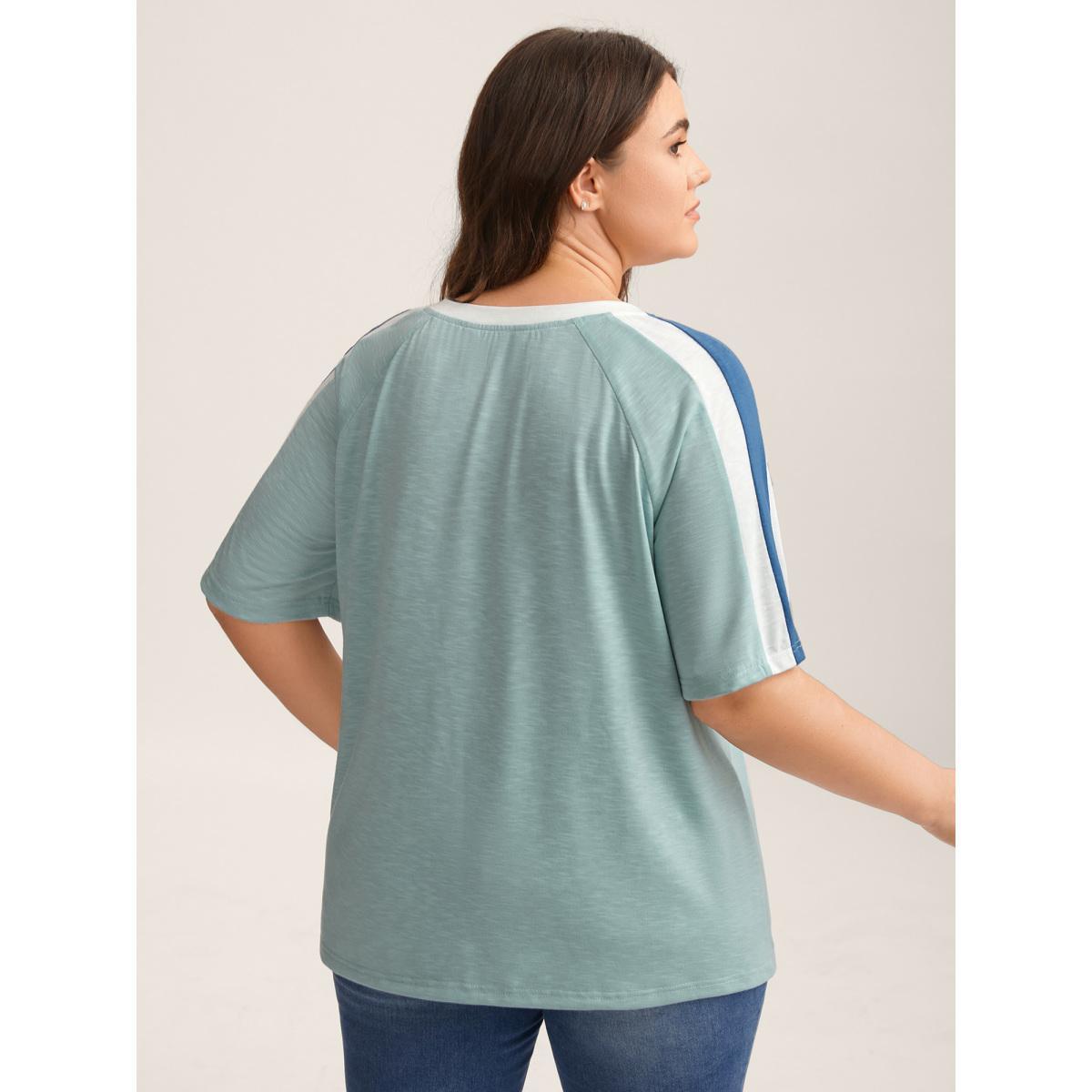 Plus Size Color Block Shoulder Flowy T-Shirt Mint Women Contrast Round Neck Everyday-Casual T-shirts BloomChic 10/M Product Image