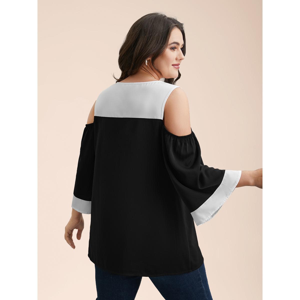 Plus Size Black Color-Block Off-Shoulder Pleated Blouse Women Elegant Elbow-length sleeve Round Neck Everyday Blouses BloomChic 30/6X Product Image