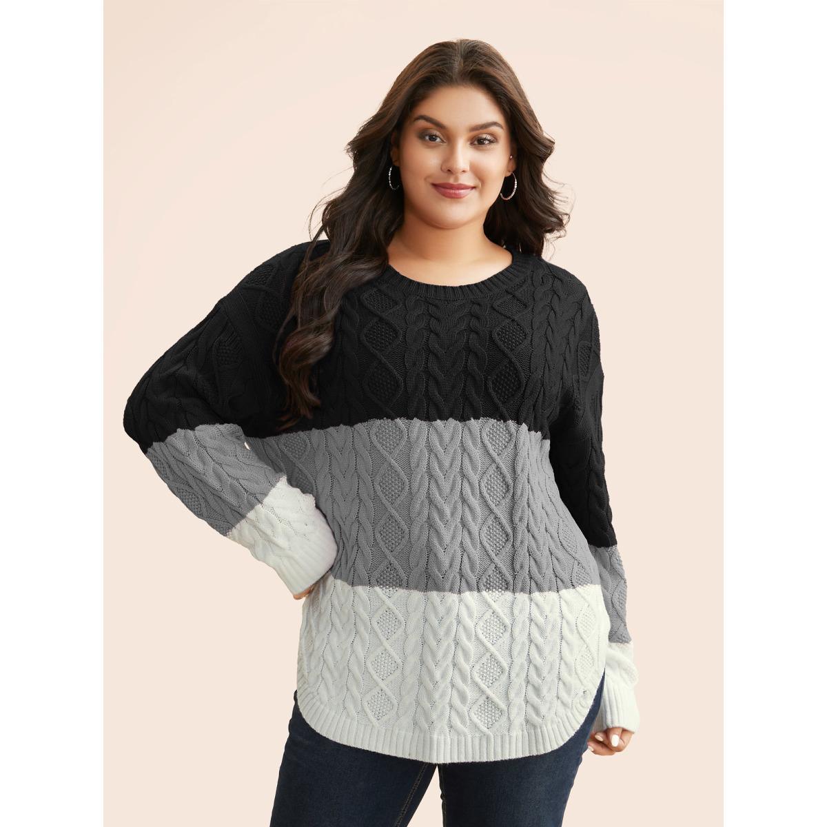 Plus Size Contrast Cable Knit Arc Hem Pullover Black Women Casual Loose Long Sleeve Round Neck Everyday Pullovers BloomChic 12/L Product Image