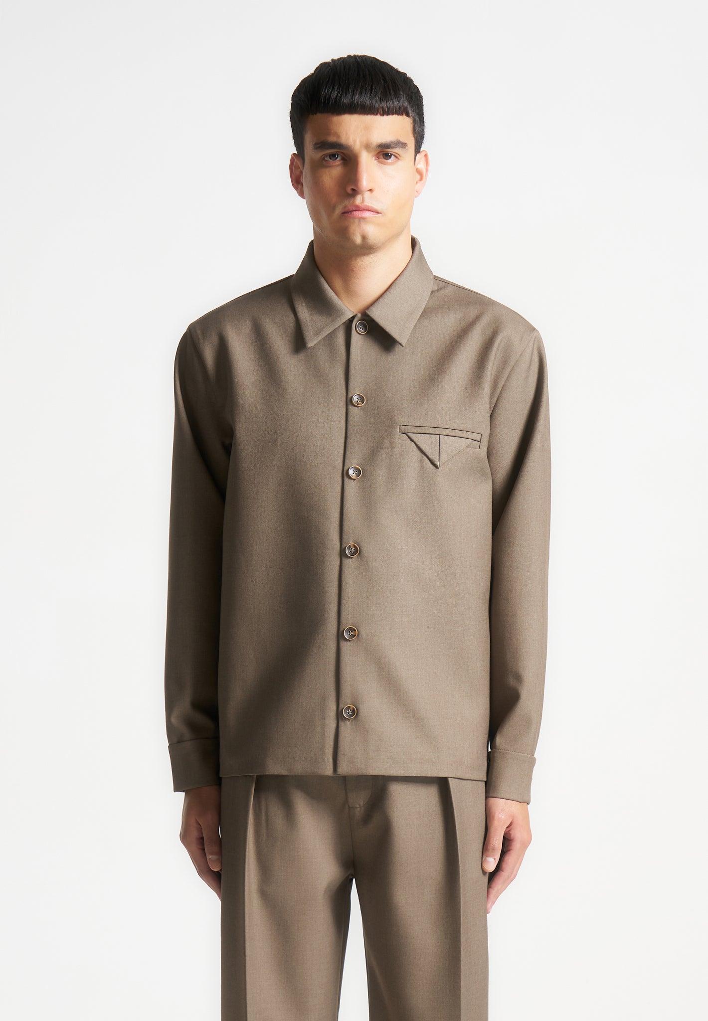 Hatched Tailored Long Sleeve Overshirt - Khaki Male Product Image