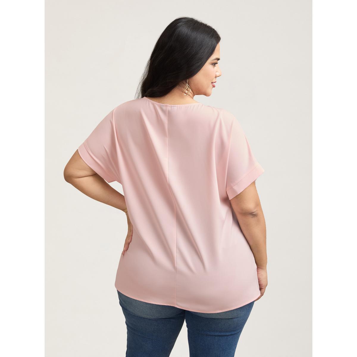 Plus Size Nudepink Sheer Lace Neck Half Sleeve Shirt Women Elegant Short sleeve Round Neck Everyday Blouses BloomChic 18-20/2X Product Image