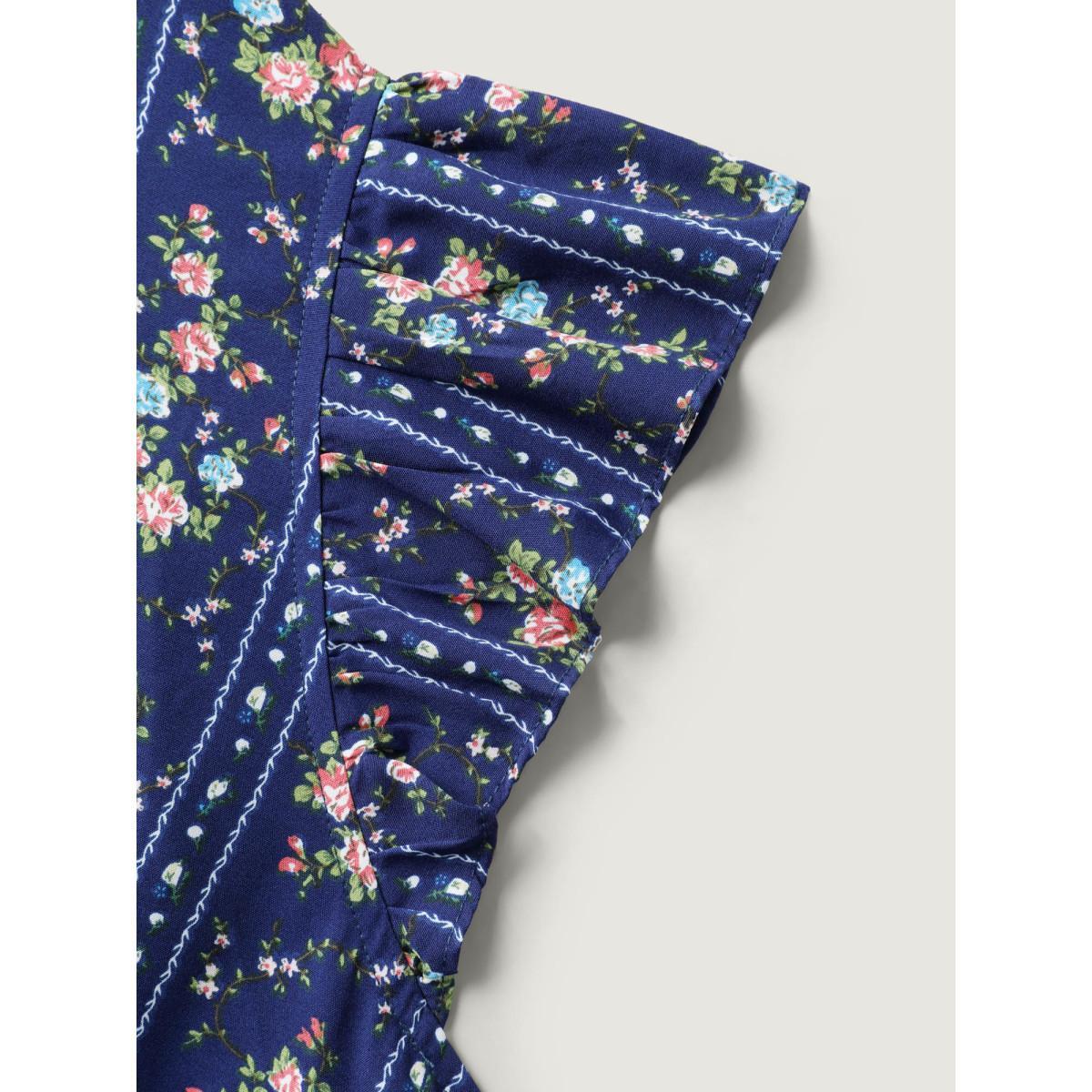 Plus Size DarkBlue Floral Stripes Flutter Sleeve Blouse Women Cap Sleeve Flat collar with V-notch Everyday-Elegant Blouses BloomChic 18-20/2X Product Image